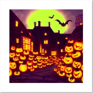 Neon Halloween Horror House of Pumpkins Spooky Bats Posters and Art